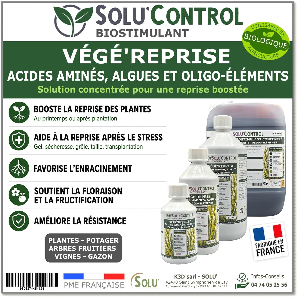 Biostimulant Concentré aux Acides Aminés, Algues et Oligo-Éléments, Solu
