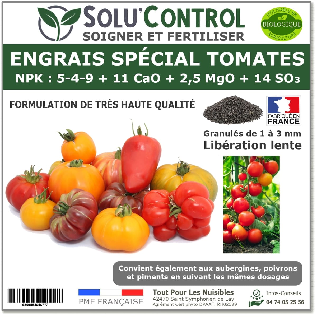 Engrais Spécial Tomates, Aubergines, Poivrons, Piments,, SoluControl - Formulation haute qualité Organo-Minerale